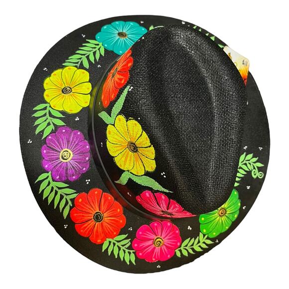 HAT MEXICAN Artisanal Hand Painted Fedora Floral Sombrero Panama Bohemian Black main image 6
